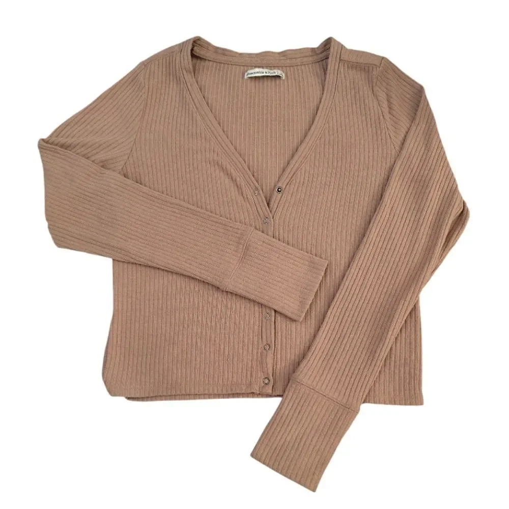 Abercrombie & Fitch Tan Ribbed Button Down Front Fitted Viscose Cardigan‎ Large